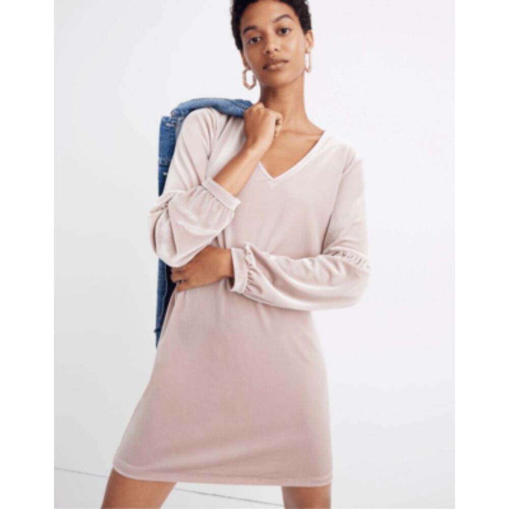 Madewell Soft V-Neck Velvet Sheath Dress with Balloon Sleeves, Dusty Rose, Sz S